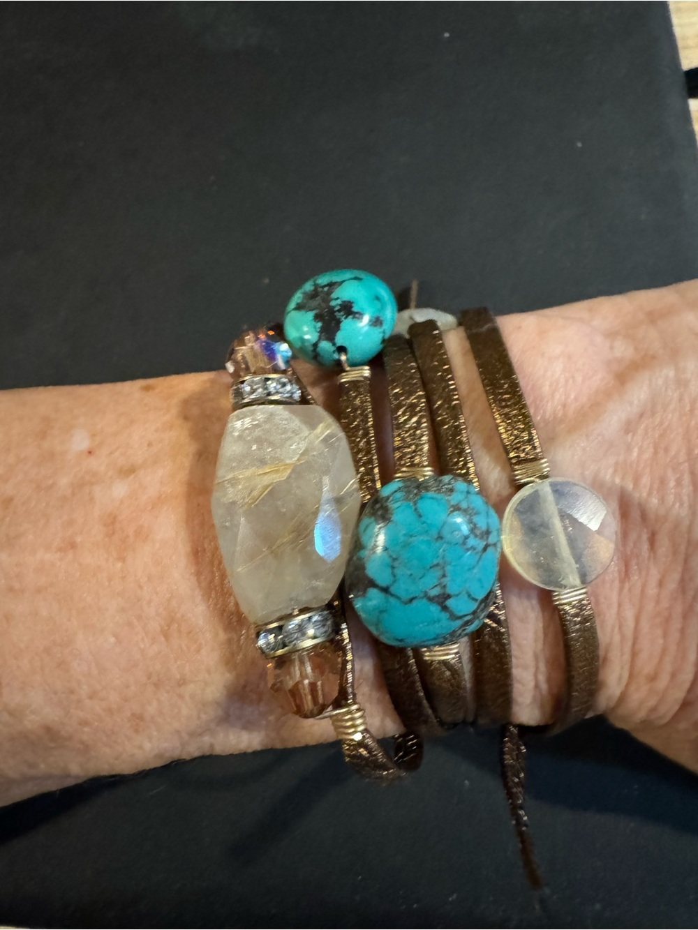 Leather Wrap Bracelet With Turquoise and Crystals - Unbranded